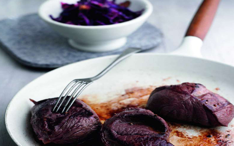 Venison Steak with Celeriac and Apple Gratin and Spiced Red Cabbage