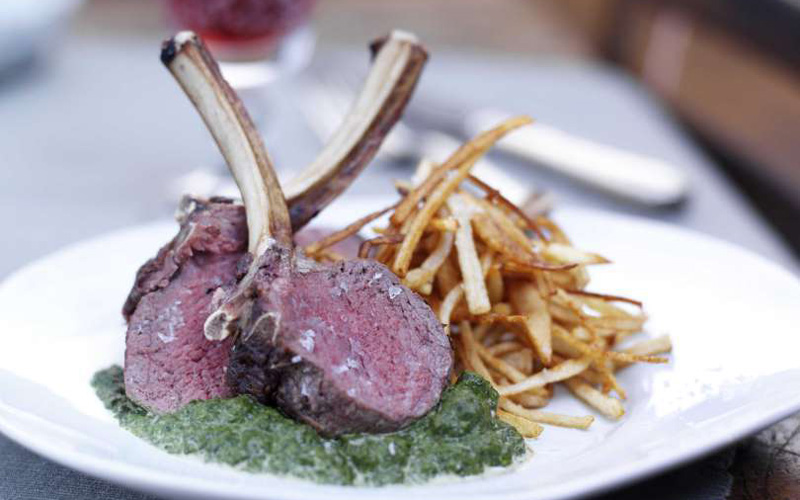 Grilled Venison Chops with Creamed Spinach and Straw Potatoes